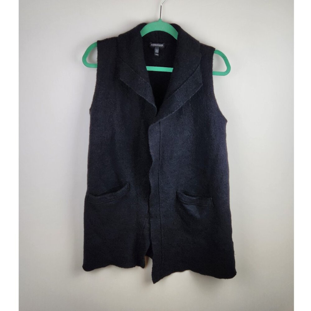 Eileen Fisher Black Boiled Wool Sleeveless Longline Cardigan Sweater sz XS